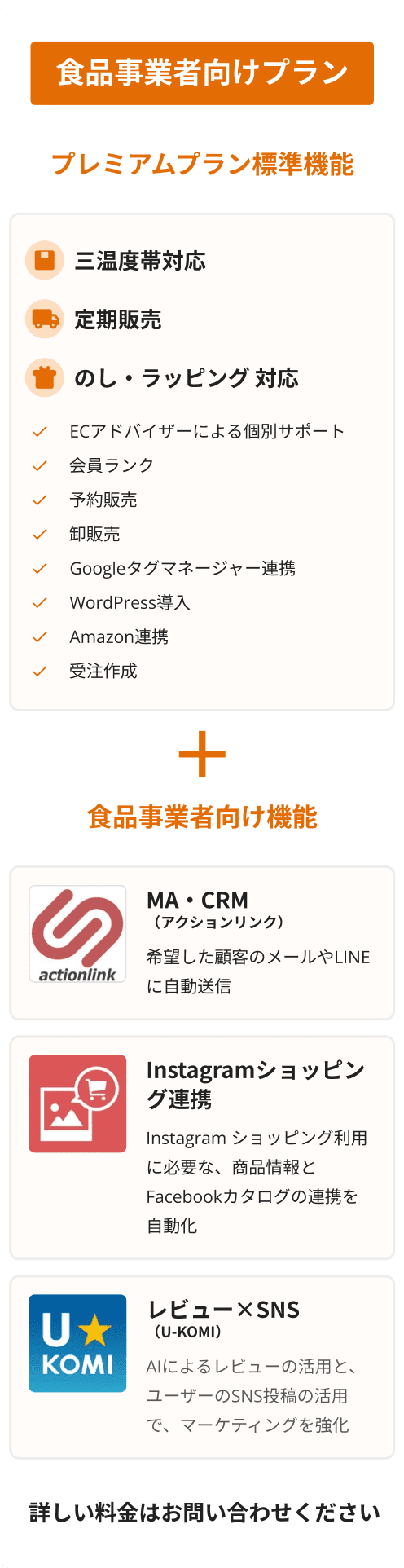 カラーミーショップの食品事業者向けプランでは、常温・冷蔵・冷凍対応、定期販売、のし・ラッピング対応などのプレミアムプラン標準機能に加え、AIによるレコメンドやカート落ち対策のMA・CRM、Instagramショッピング連携、AIを活用したレビューマーケティングツールU-KOMIなど、食品ECに特化した機能をご利用いただけます。