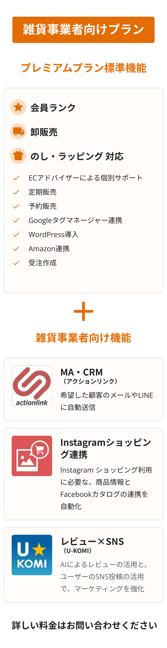 カラーミーショップの雑貨EC事業者向けプランでは、会員ランク、予約販売、のし・ラッピング対応などのプレミアムプラン標準機能に加え、MA・CRM（アクションリンク）やInstagramショッピング連携、越境EC（ZenLink）など、雑貨ECに特化した機能をご利用いただけます。